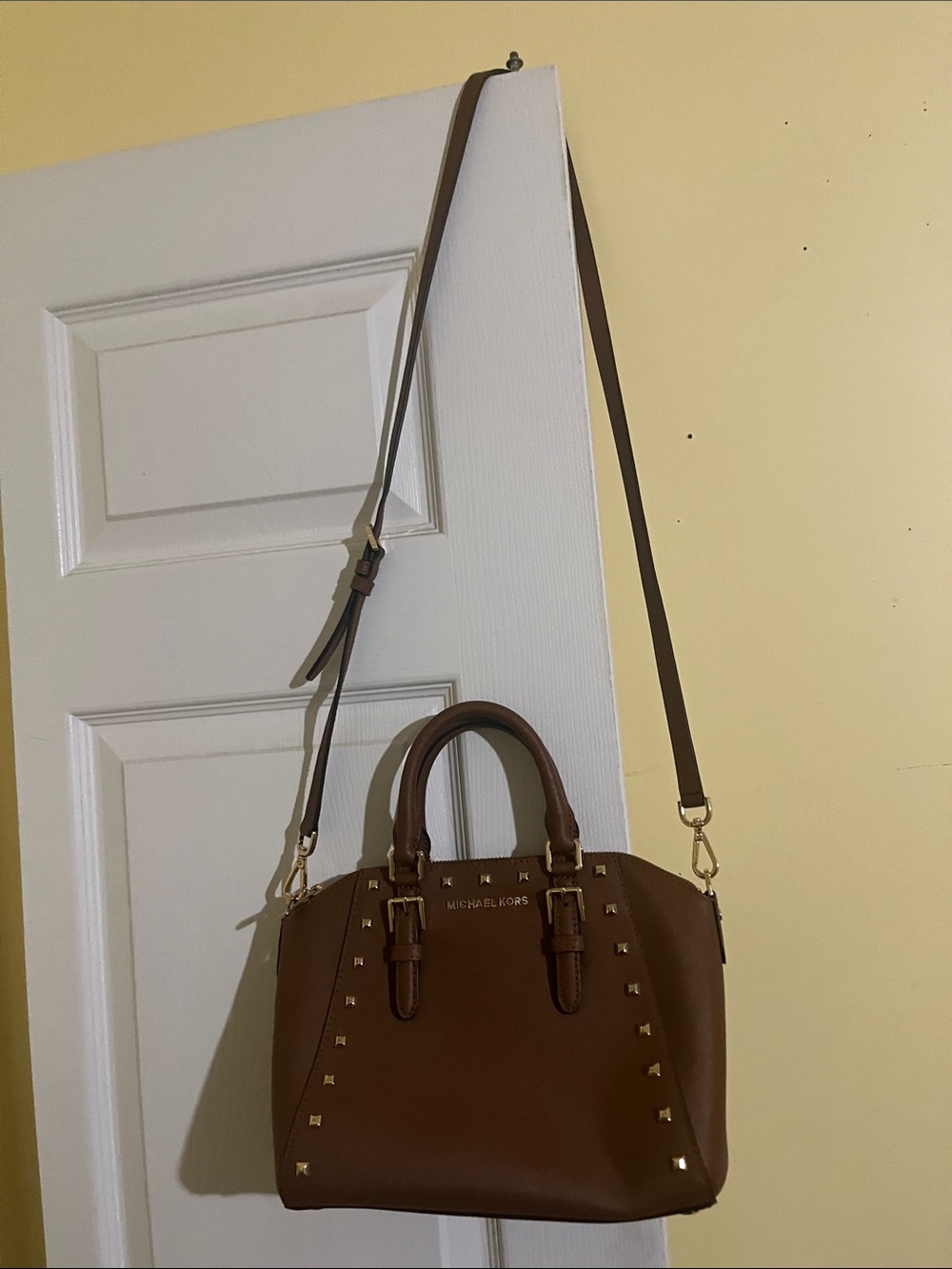 Michael Kors Brown Leather Studded Satchel with Gold pyramid gold studs